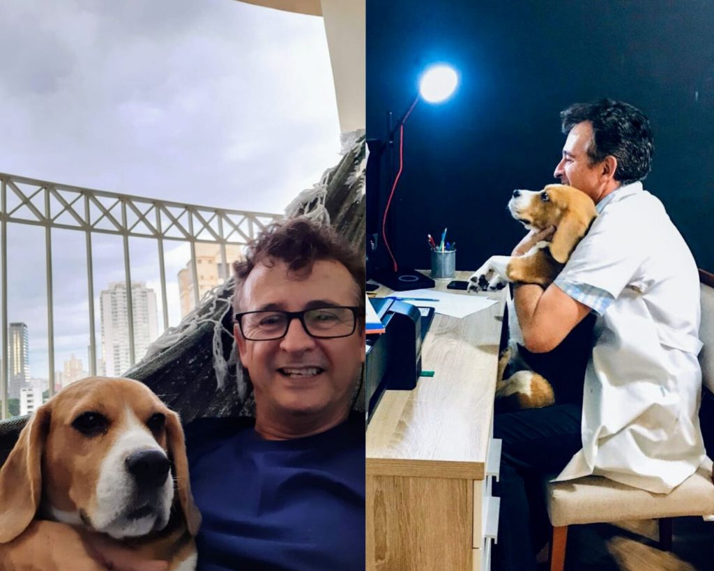 Professor Marcos Balbino ministrando aula virtual com o seu cachorro. Crédito: Arquivo pessoal.